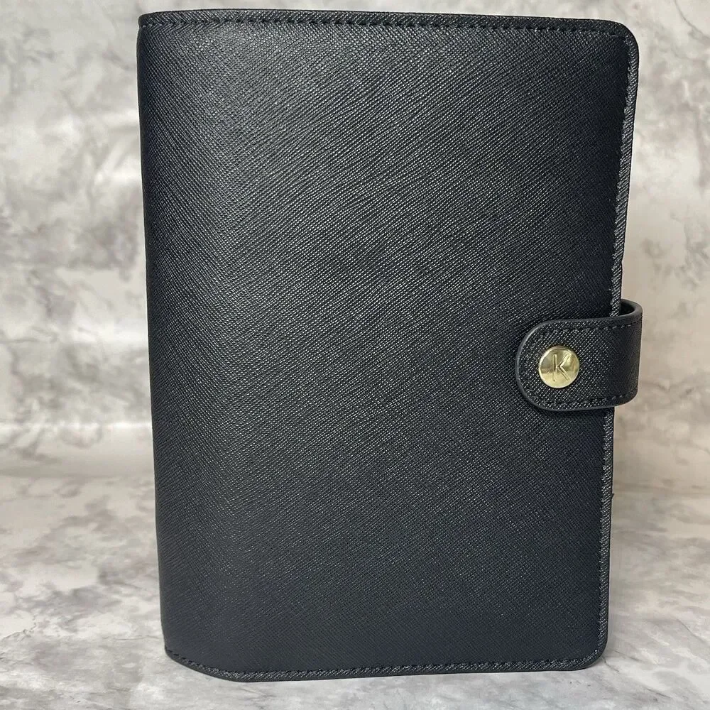 Kikki K Black Leather Personal Planner Medium Gold Snap Organizer New Boxed-READ